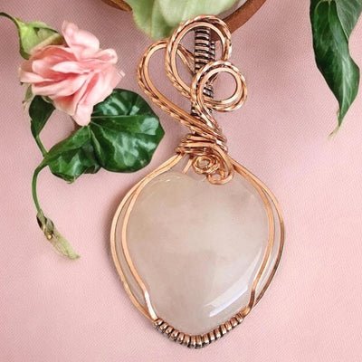 Wire Wrapped Rose Quartz Pendant,Rose Quartz Copper Necklace,Pink Rose Quartz Jewelry, Healing Gemstone ,Grandmas Gift, Rose Quartz Heart