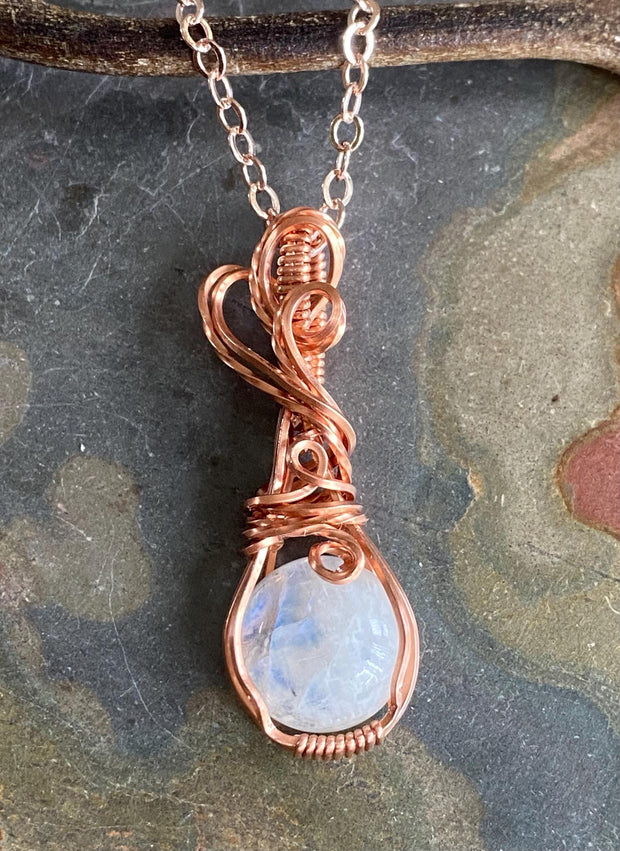 Wire Wrapped Moonstone Necklace in Natural  Copper,Rainbow Moonstone Necklace, Blue Flashing Moonstone Necklace,June Birthstone necklace