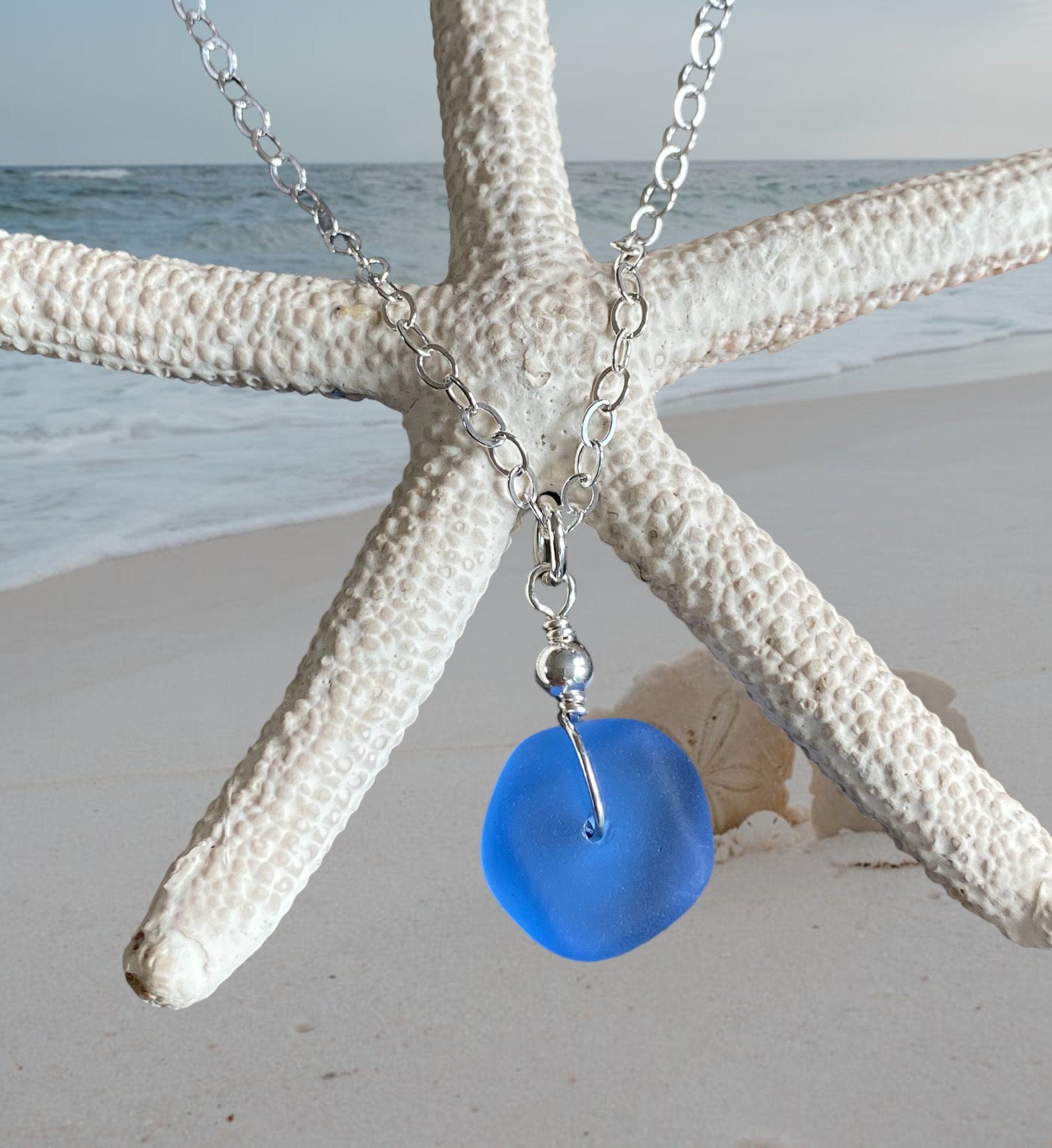 Beach Glass Jewelry, Blue Sea Glass  Necklace and Earrings in Sterling Silver, Blue SeaGlass Necklace, Summer Sea Glass Jewelry SET,