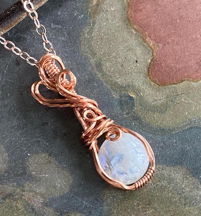 Wire Wrapped Moonstone Necklace in Natural  Copper,Rainbow Moonstone Necklace, Blue Flashing Moonstone Necklace,June Birthstone necklace