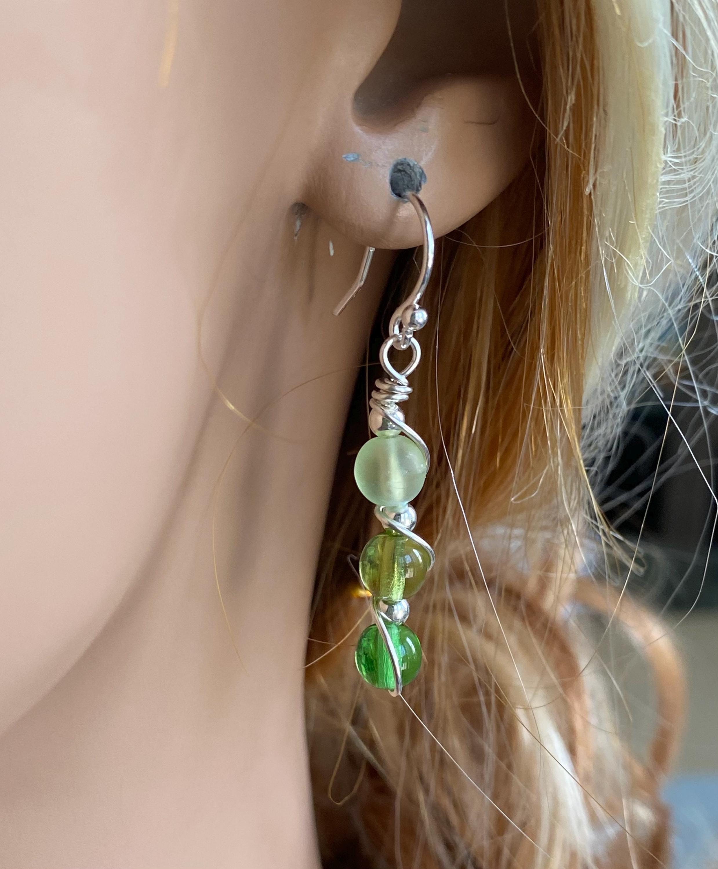 Wire wrapped Sea Glass Jewelry in Sterling Silver, Sea Glass Silver Earrings, Dangling Earrings ,Beach Weddings, Sea Glass  earrings