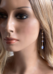 Handmade Moonstone, Pearl & Opalite in Gold Long Dangle Earrings, Elegant Moonstone Long Earrings, June Birthstone Gift for Her