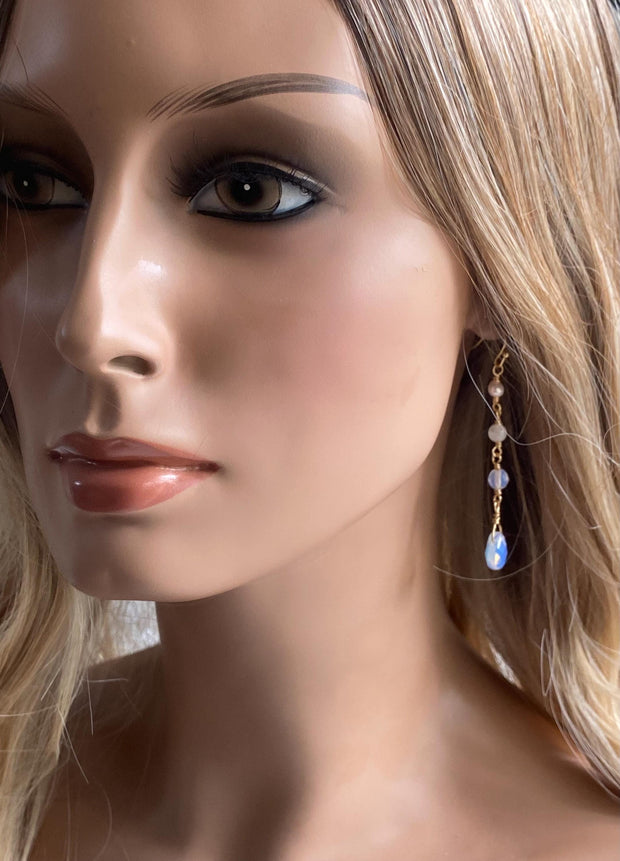 Handmade Moonstone, Pearl & Opalite in Gold Long Dangle Earrings, Elegant Moonstone Long Earrings, June Birthstone Gift for Her