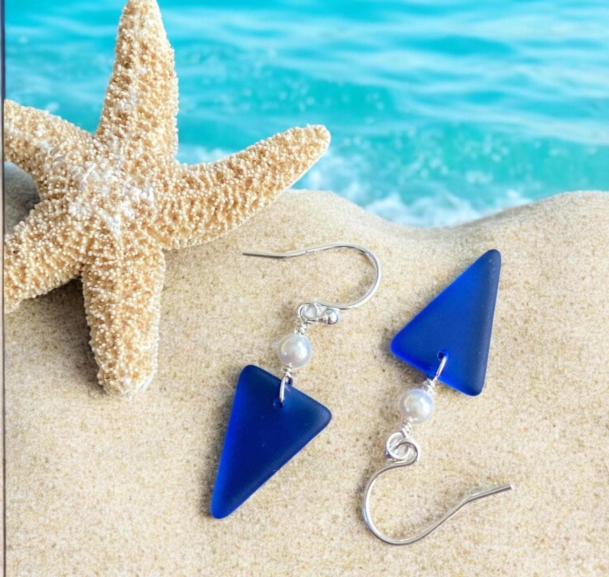 Blue Sea glass Triangle designed Earring in Sterling Silver, Wire Wrapped Sea Glass Earrings, Everyday Casual Dangling Blue Earrings,