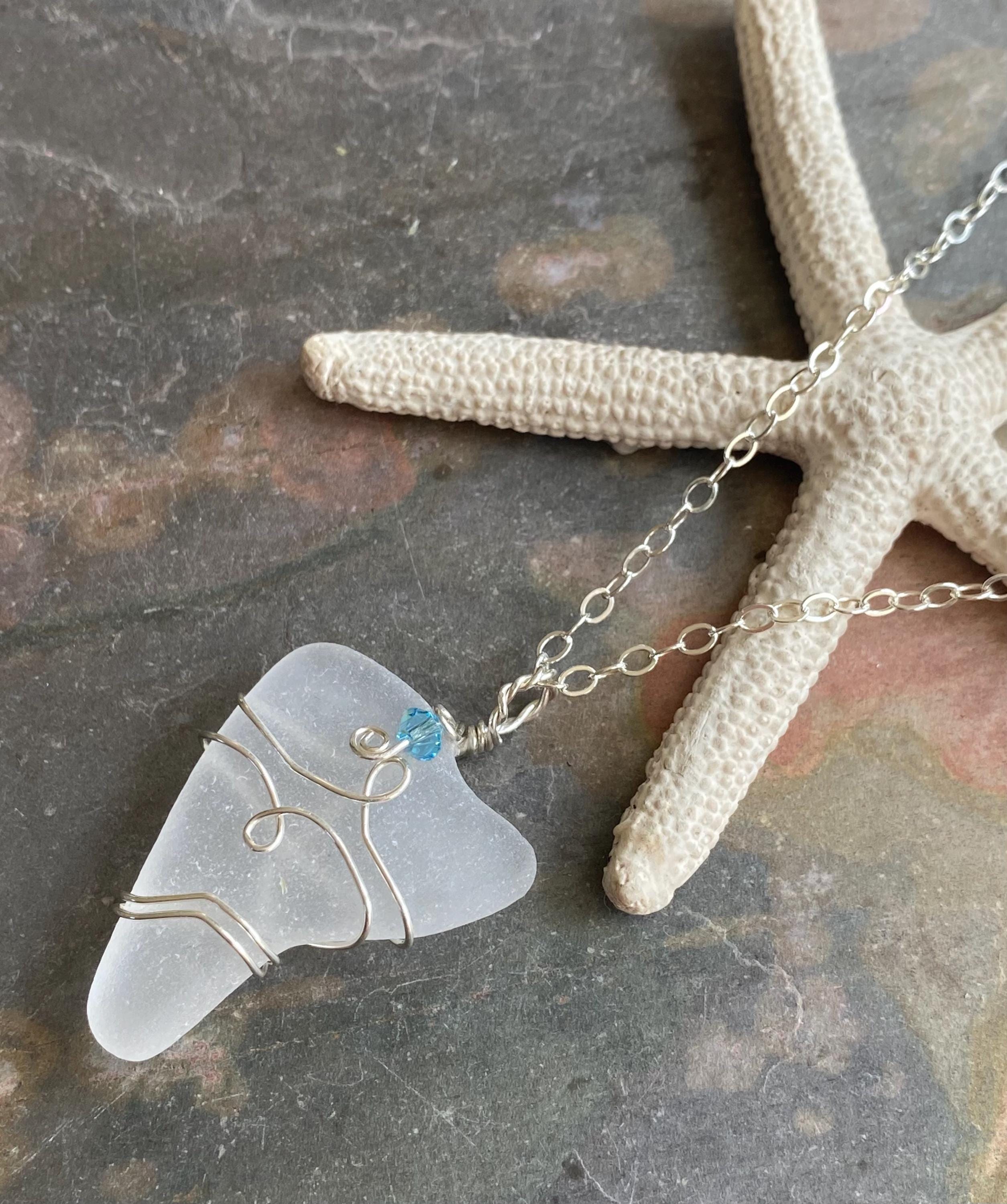 Genuine White Beach Glass Necklace, Wire Wrapped Naturally Tumbled Sea Glass Necklace, White Sea Glass Pendant Necklace in Sterling Silver