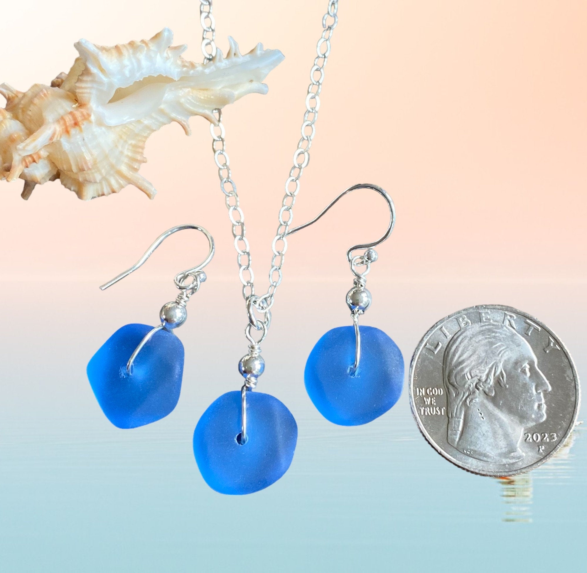 Beach Glass Jewelry, Blue Sea Glass  Necklace and Earrings in Sterling Silver, Blue SeaGlass Necklace, Summer Sea Glass Jewelry SET,