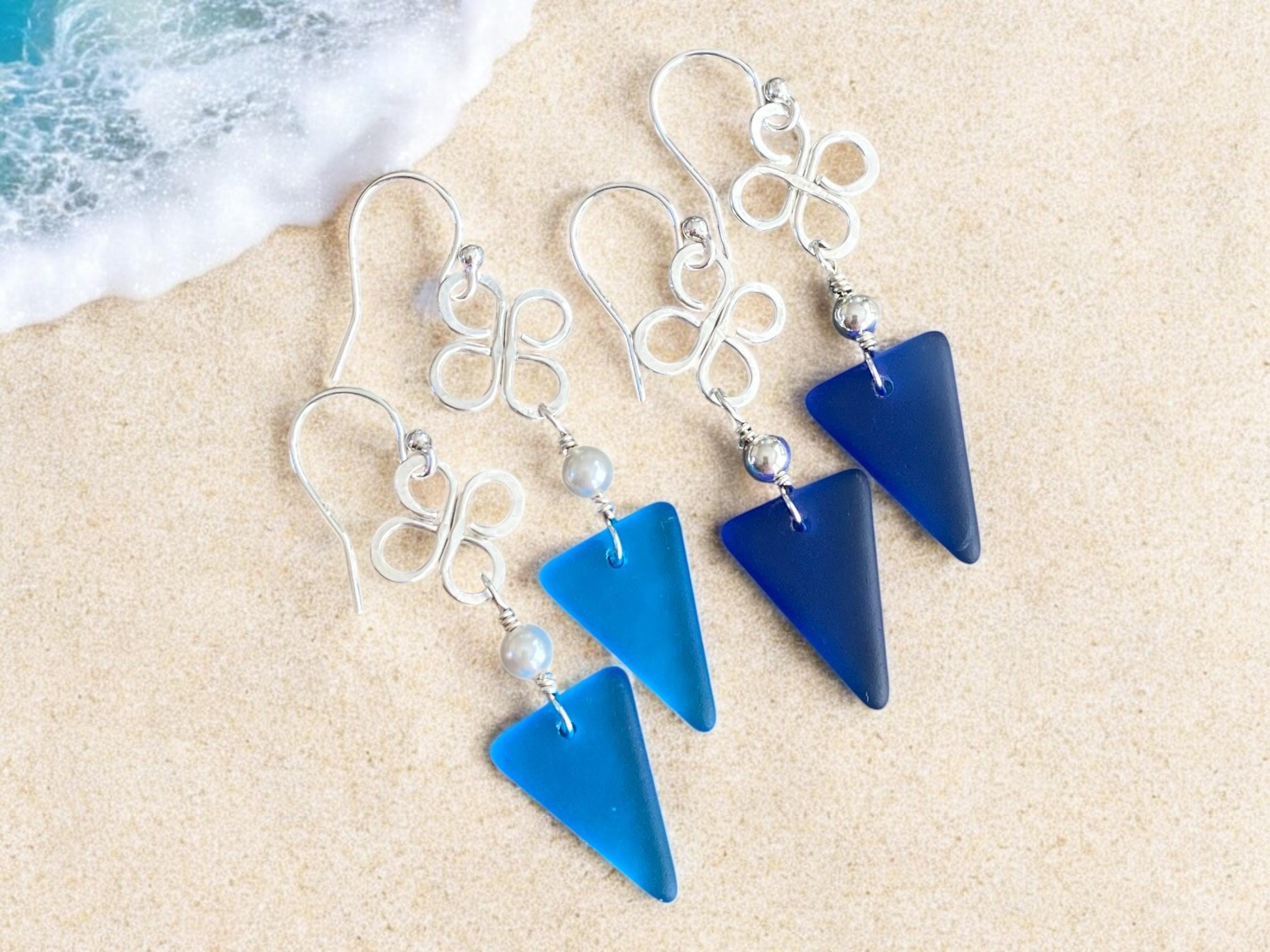 Celtic Inspired Sea Glass Dangling Earrings, Sterling Silver Clover Coastal Style Sea Glass Jewelry, Wired Lucky Charm Sea Glass Earrings