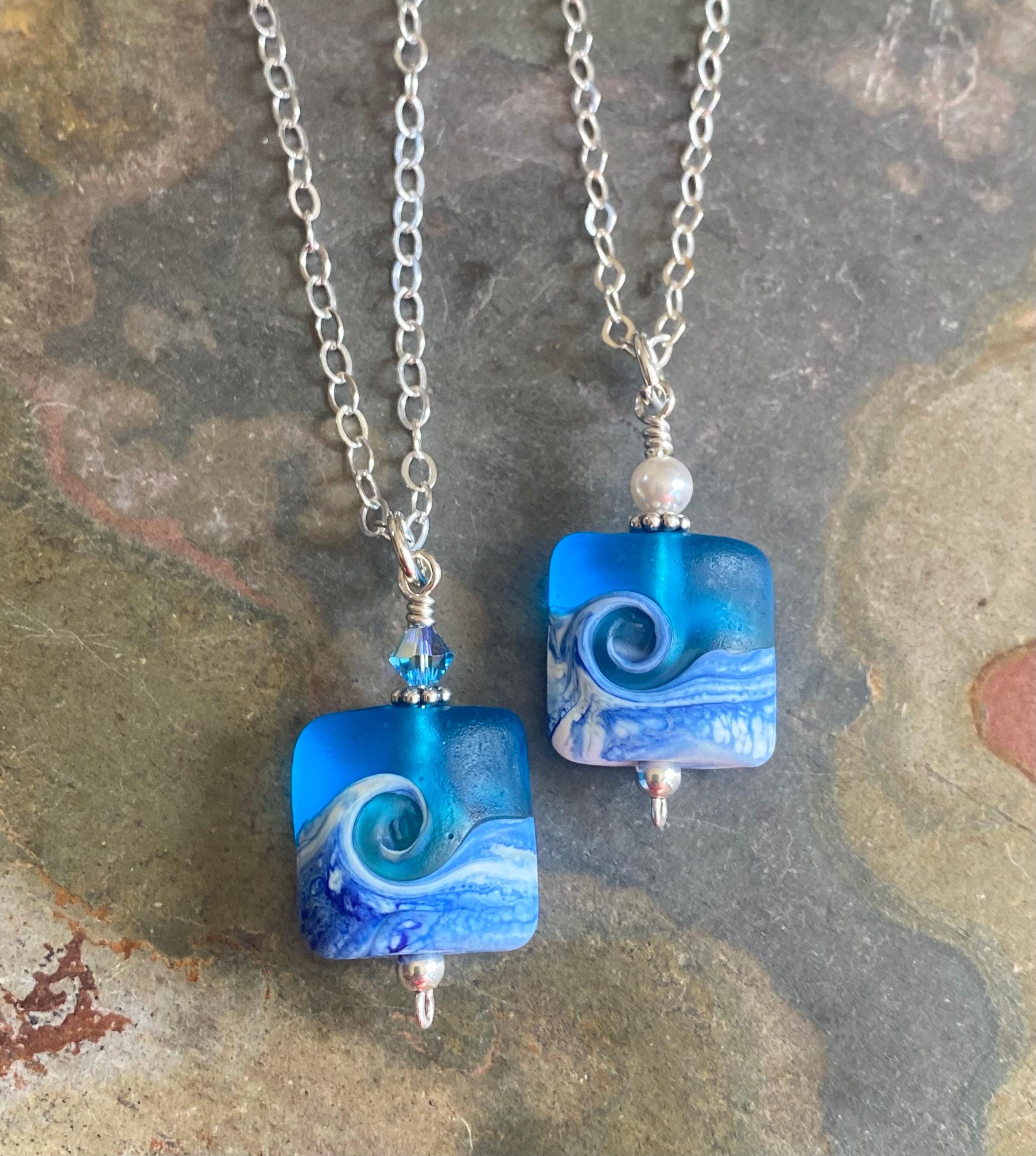 Ocean Beach Wave Necklace, Blue Beach Wave Necklace,Ocean Wave Lampwork Pendant, Beach Wave Jewelry, Blue Sea Glass Necklace sterling silver