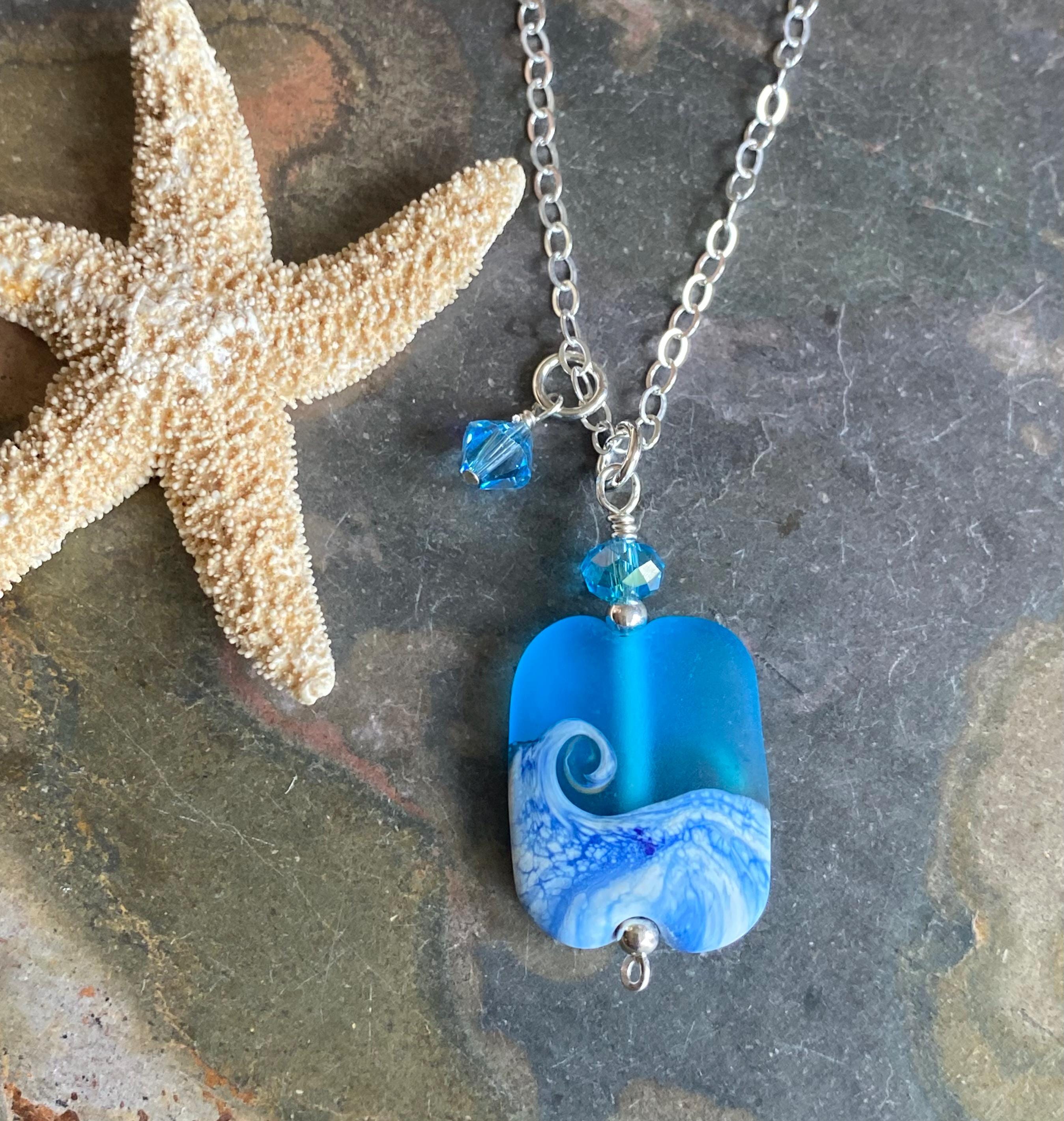 Ocean Beach Wave Necklace, Blue Beach Wave Necklace,Ocean Wave Lampwork Pendant, Beach Wave Jewelry, Blue Sea Glass Necklace sterling silver