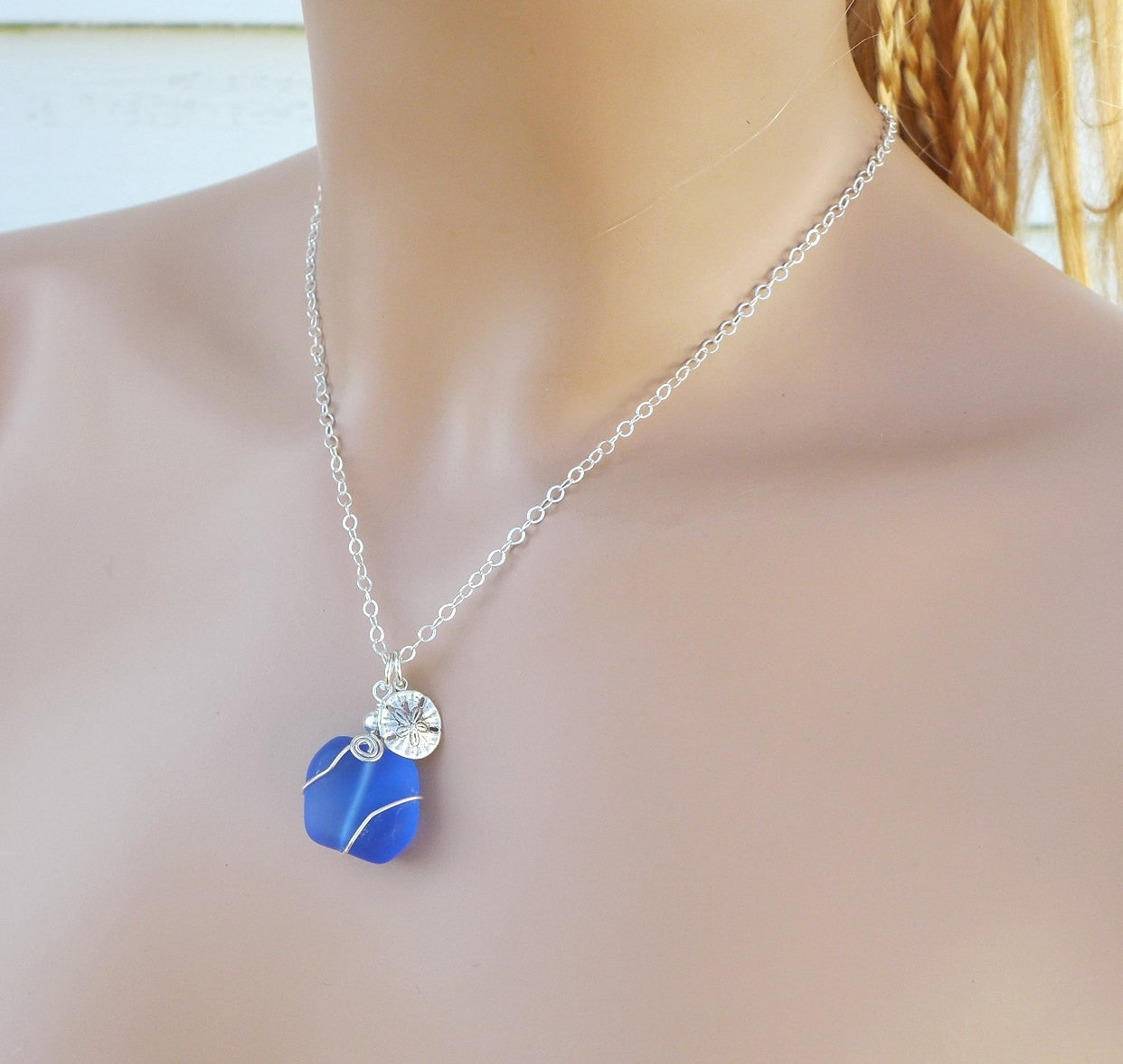 Beach Glass Necklace, Sky Blue Sea Glass Sand Dollar Necklace. Sea themed Charm Necklace, Beach Weddings, Bridesmaid Necklace/jewelry