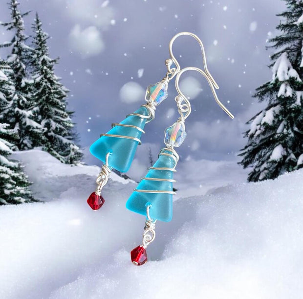 Holiday Dangle Earrings, Ready Ship in ONE day, Sea Glass Christmas Tree Earrings, Beach Glass Christmas Tree Earrings, Sea Glass Jewelry,