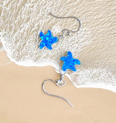 Starfish Earrings in Sterling Silver, Beach Style Summer Jewelry, Summer Vibes Ocean Theme Opal Starfish  dangling Earrings, Opal Earrings