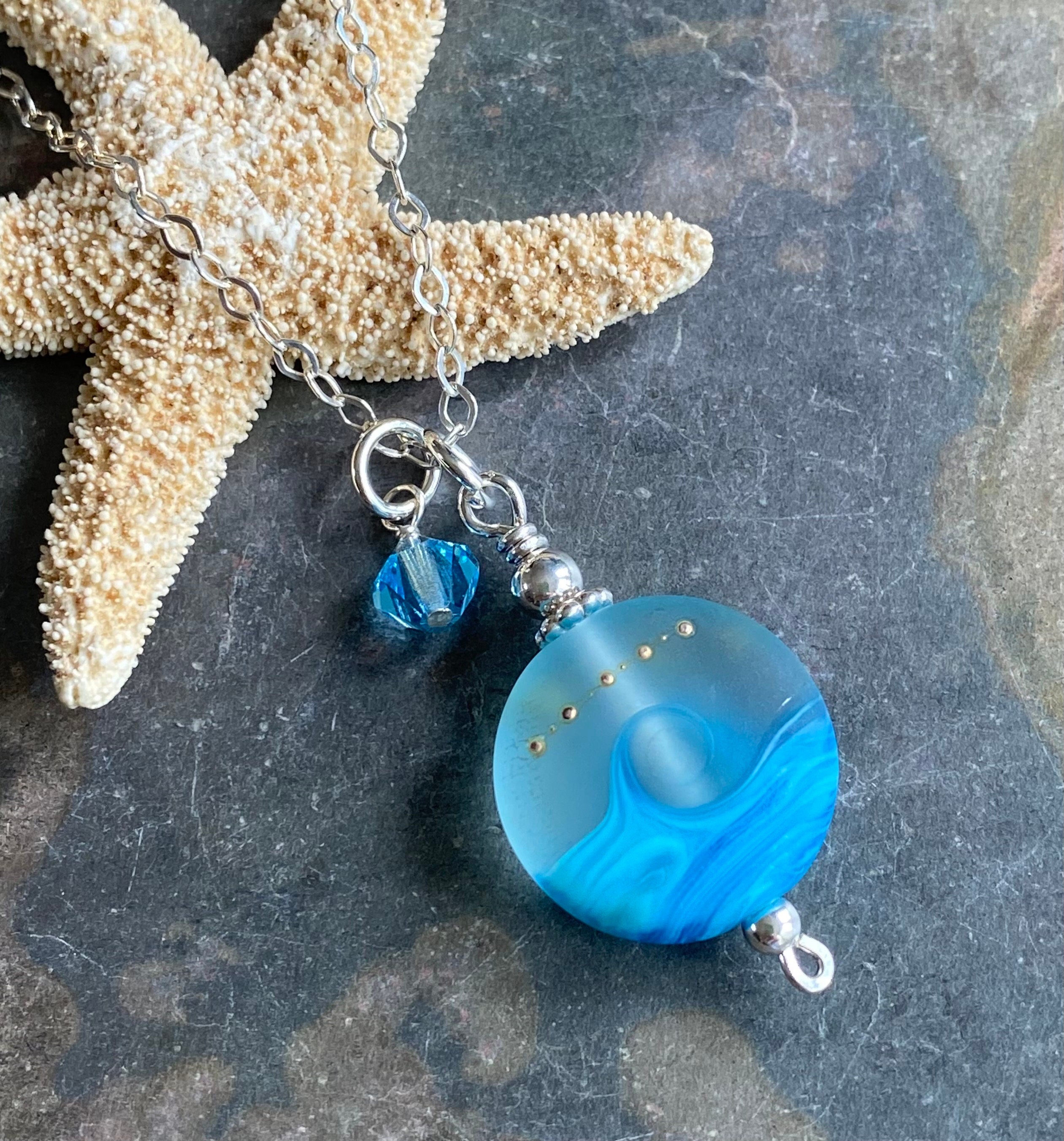 Beach Necklace, Ocean Wave Necklace in Sterling silver, Blue Ocean Wave Lampwork Glass Necklace, Blue Ocean Wave Glass  Necklace,