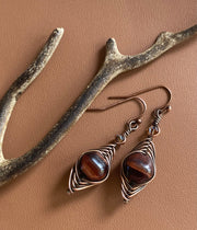 Jasper Earrings, Brecciated Red Jasper dangle earrings in Antiqued Copper Wire, Wire Wrapped Herringbone Jasper dangle earrings