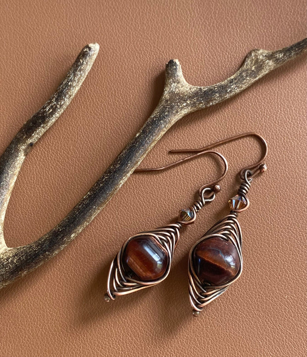 Jasper Earrings, Brecciated Red Jasper dangle earrings in Antiqued Copper Wire, Wire Wrapped Herringbone Jasper dangle earrings