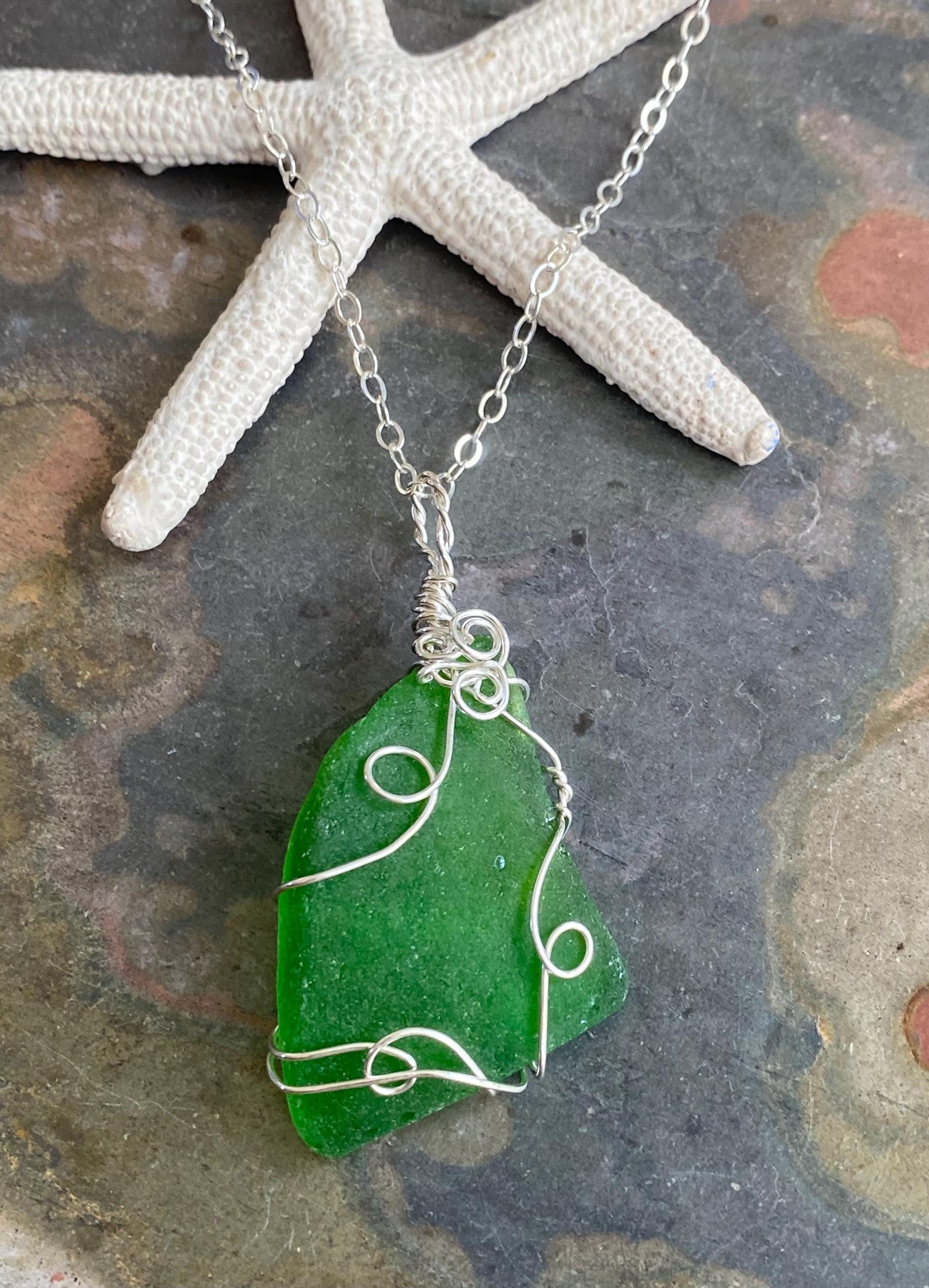 Green Beach Glass Necklace in Sterling Silver, Wire Wrapped Genuine Green Beach Glass Necklace, Sea Glass Jewelry, Ocean Treasure Necklace