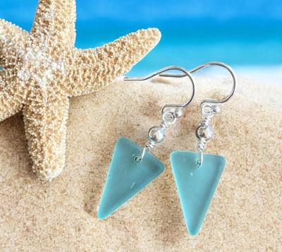 Seafoam Sea glass Triangle designed Earring in Sterling Silver, Wire Wrapped Sea Glass Earrings, Everyday Casual Dangling  Earrings,