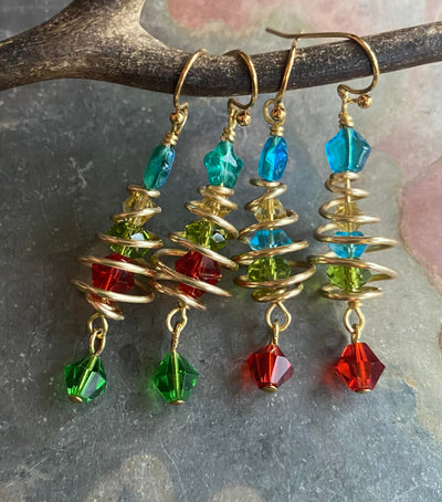 READY to  SHIP in 1 to 2  days, Christmas Tree Earrings, Wired Christmas Earrings, Swirled Christmas Tree dangling Earrings, Holiday jewelry