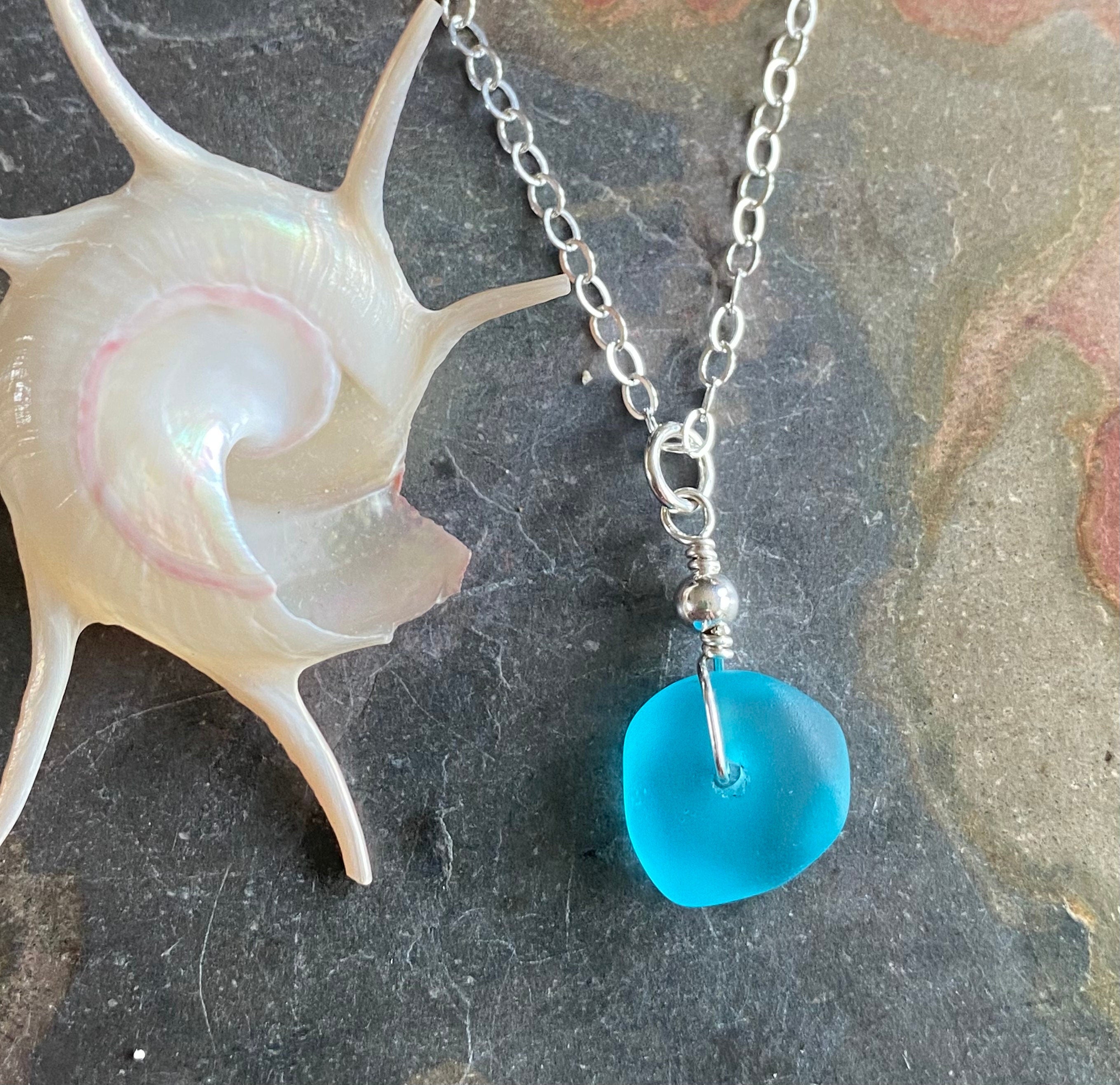 Turquoise Blue Beach Glass Jewelry, Blue Sea Glass  Necklace and Earrings in Sterling Silver, Sea Glass Necklace,  Sea Glass Jewelry SET,
