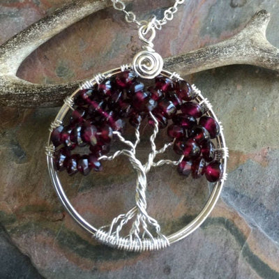 Sterling Silver Garnet Necklace,Garnet Tree of Life Necklace with .925 Sterling Silver Chain, January Birthstone Tree of Life, Gifts for Her
