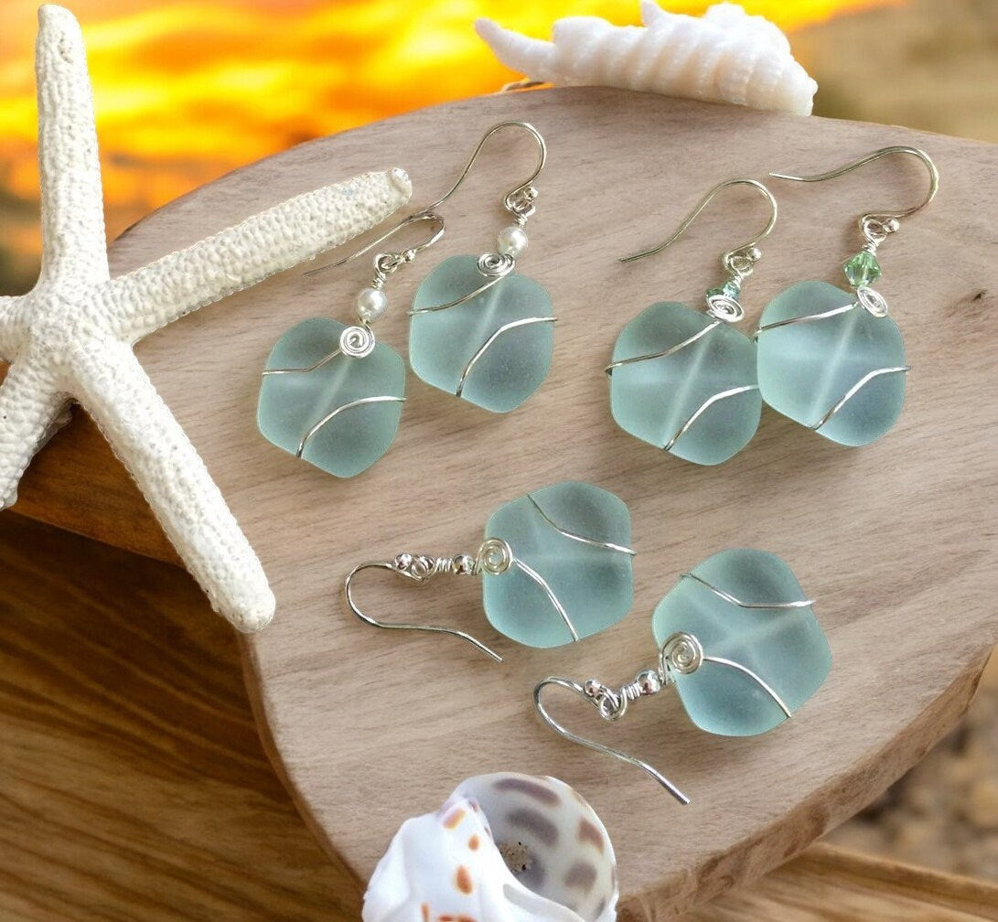 Seafoam Green Sea Glass Silver Earrings-Green  Recycled Glass Earrings in Sterling silver Earwires, Beach Weddings, Sea Glass  earrings