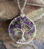 Hand crafted Tree of Life Necklace with Amethyst and Peridot in Sterling Silver, February and August Birthstone Tree of Life Necklace,