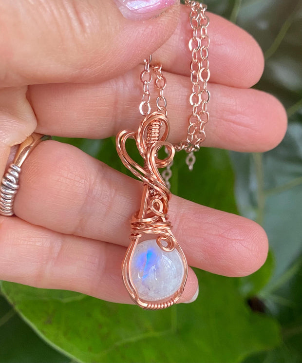 Wire Wrapped Moonstone Necklace in Natural  Copper,Rainbow Moonstone Necklace, Blue Flashing Moonstone Necklace,June Birthstone necklace