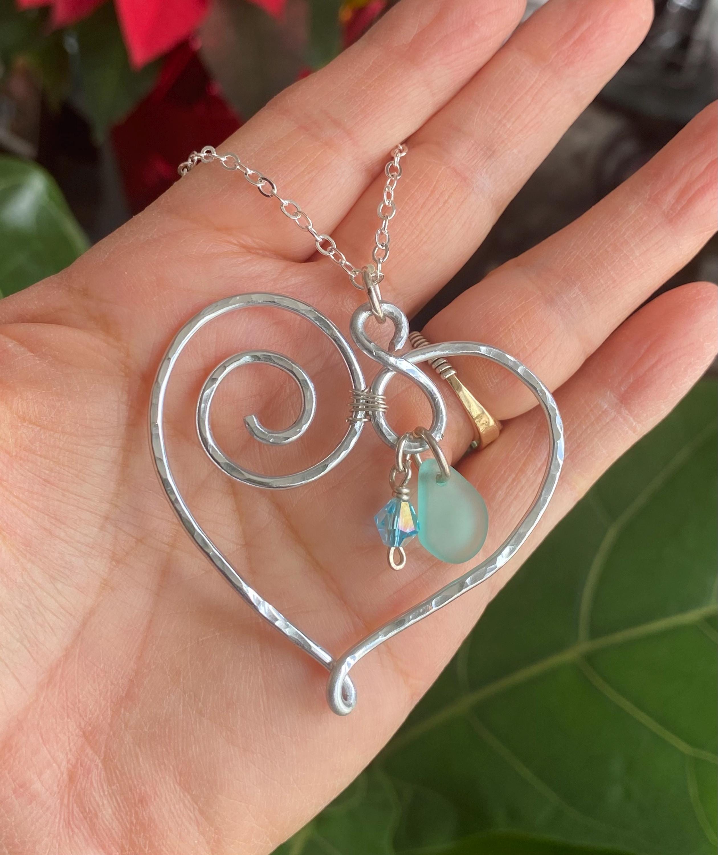 Wire Wrapped Heart Necklace with Sea Glass, Heart Pendant Necklace, Beach Glass Heart Necklace, Love Heart Necklace,Statement Wired Necklace