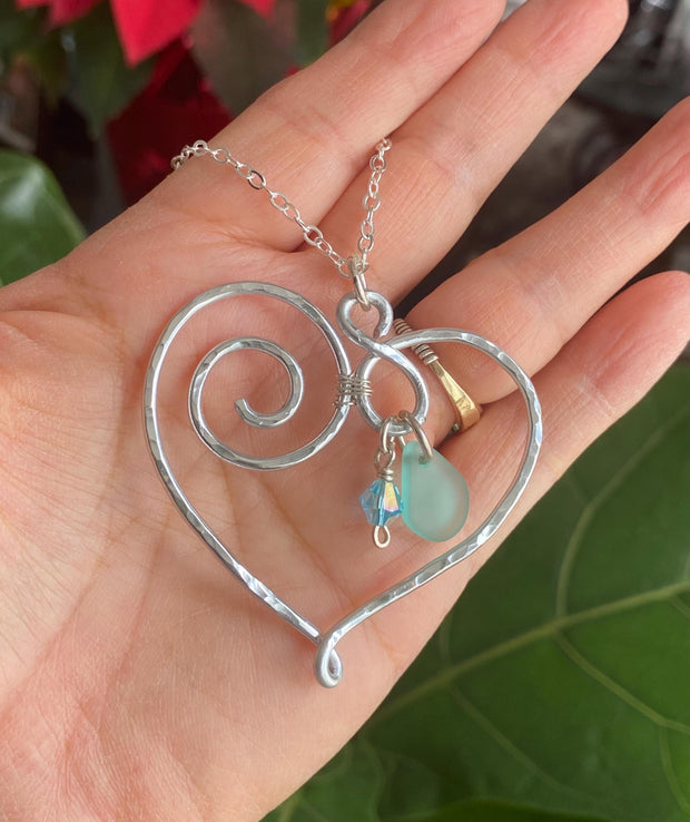 Wire Wrapped Heart Necklace with Sea Glass, Heart Pendant Necklace, Beach Glass Heart Necklace, Love Heart Necklace,Statement Wired Necklace