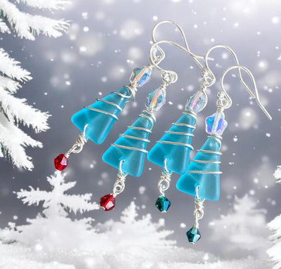 Holiday Dangle Earrings, Ready Ship in ONE day, Sea Glass Christmas Tree Earrings, Beach Glass Christmas Tree Earrings, Sea Glass Jewelry,