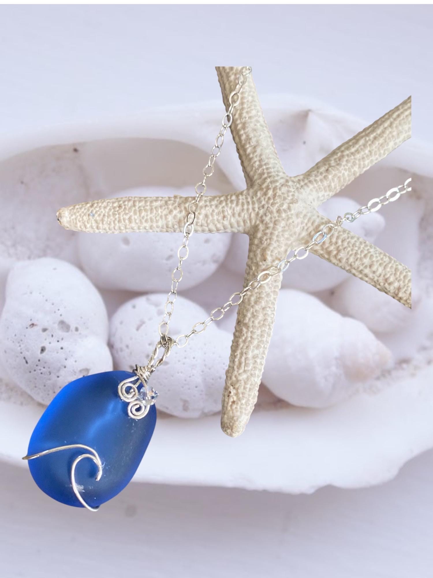 Blue Wave Necklace, Blue Sea Glass Wave necklace, Seaglass Pendant Wave Design Sterling Silver Wire Necklace,Beach Style Ocean Wave Swirl