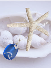 Blue Wave Necklace, Blue Sea Glass Wave necklace, Seaglass Pendant Wave Design Sterling Silver Wire Necklace,Beach Style Ocean Wave Swirl