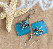 Dragonfly Sea Glass Earrings,Sea Beach Glass Dragonfly Earrings, Turquoise Blue Sea Glass Earrings, Dragonfly Earrings, Fantasy Earrings