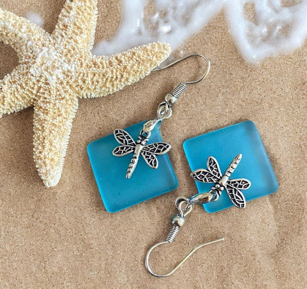 Dragonfly Sea Glass Earrings,Sea Beach Glass Dragonfly Earrings, Turquoise Blue Sea Glass Earrings, Dragonfly Earrings, Fantasy Earrings