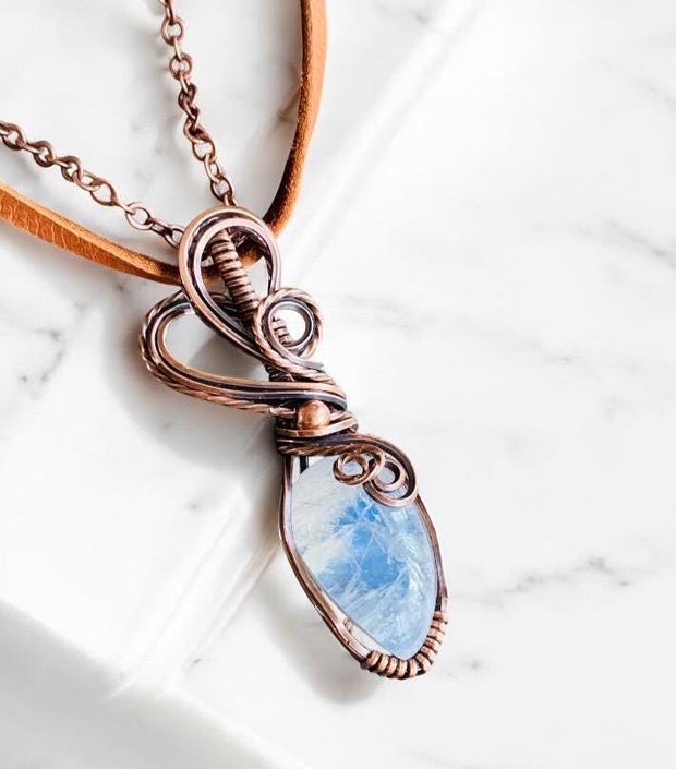 June Birthstone Pendant Necklace, Rainbow Moonstone Necklace,Wire Wrapped Moonstone Jewelry, Antiqued Copper Blue flashMoonstone Jewelry,