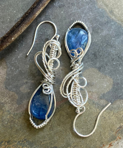 Sterling Silver Kyanite Earirngs, Wire Wrapped kyanite Earrings, Kyanite Healing Earrings,  Raw kyanite Jewelry, Blue Kyanite Earrings