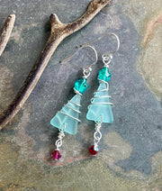 Christmas Tree Earrings, Sea Glass Tree Dangling Earrings, Holiday tree Earrings,