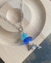 Dolphin Charm Sea Glass Necklace, Beach Glass Pendent with Dolphin charm Jewelry, Gift Idea for Ocean Theme Coastal Style Marine Jewelry