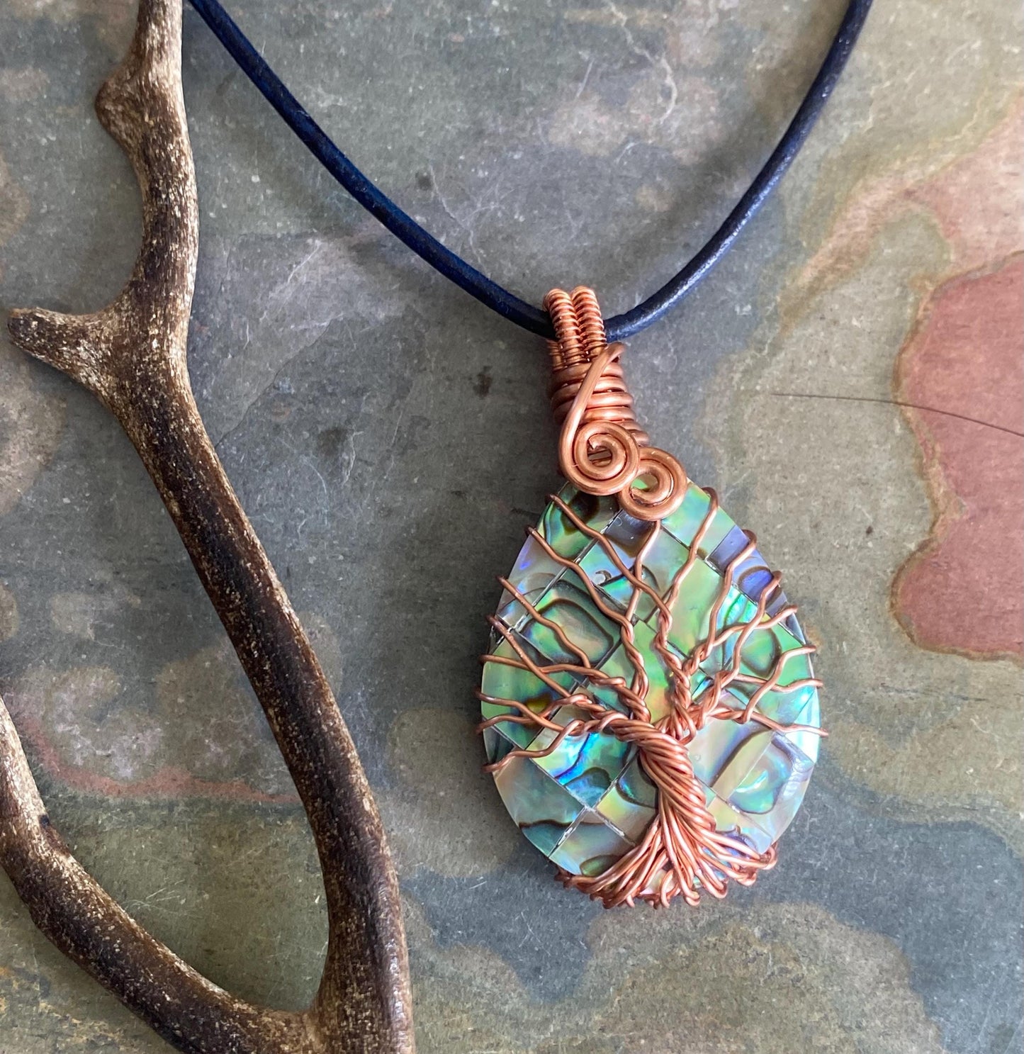 Frameless Abalone Necklace, Wire Wrapped Abalone Pendant,Abalone Tree of Life Necklace  Leather,Abalone Necklace Copper,Paua Shell Jewelry