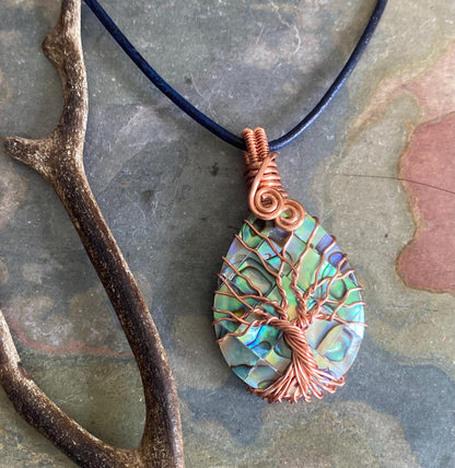 Frameless Abalone Necklace, Wire Wrapped Abalone Pendant,Abalone Tree of Life Necklace  Leather,Abalone Necklace Copper,Paua Shell Jewelry