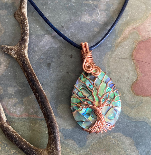 Frameless Abalone Necklace, Wire Wrapped Abalone Pendant,Abalone Tree of Life Necklace  Leather,Abalone Necklace Copper,Paua Shell Jewelry
