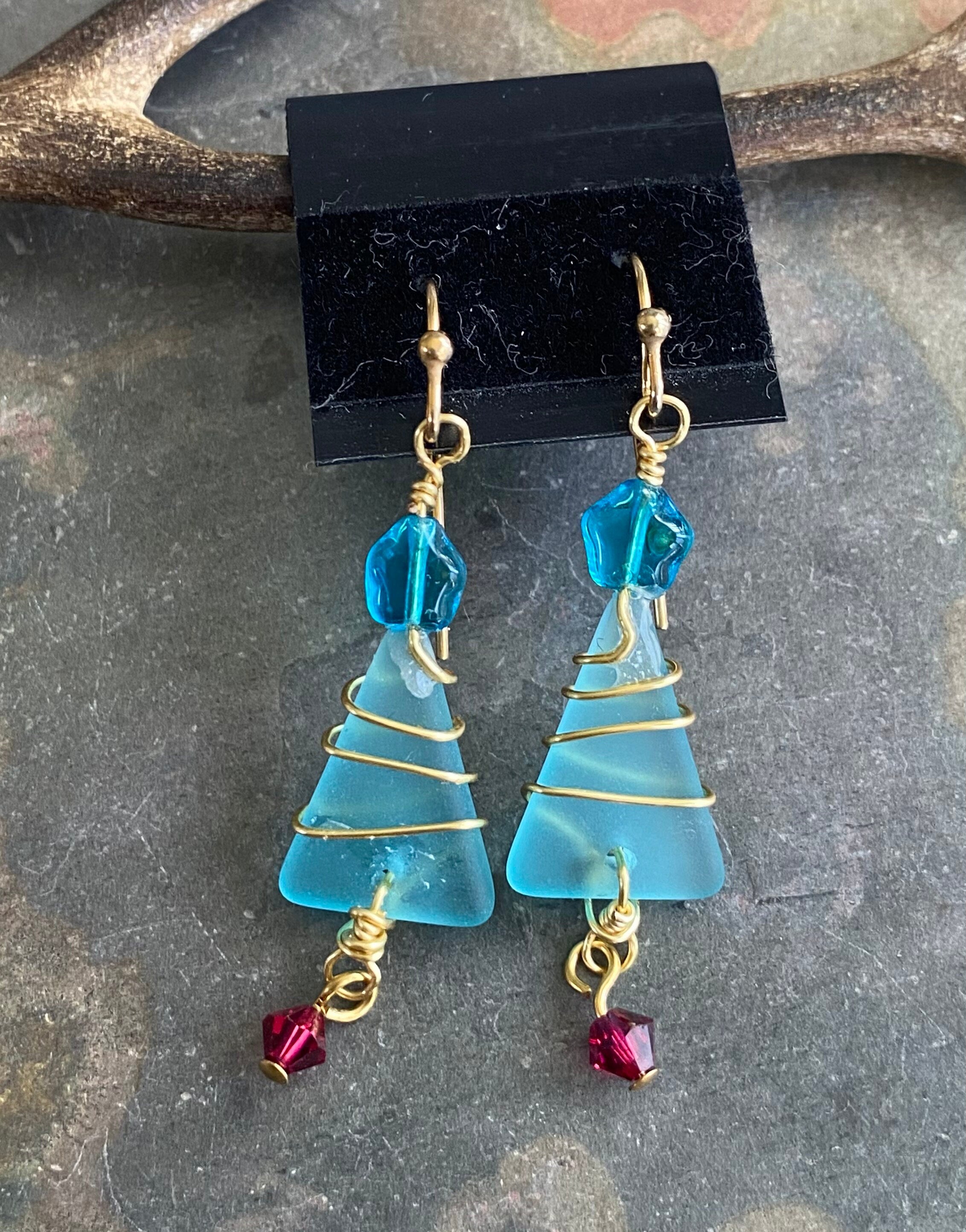 Christmas Tree Earrings, Ready Ship in ONE day, Sea Glass dangling Earrings, Beach Glass Christmas Tree Earrings, Holiday Gifts for Her,