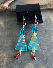 Christmas Tree Earrings, Ready Ship in ONE day, Sea Glass dangling Earrings, Beach Glass Christmas Tree Earrings, Holiday Gifts for Her,