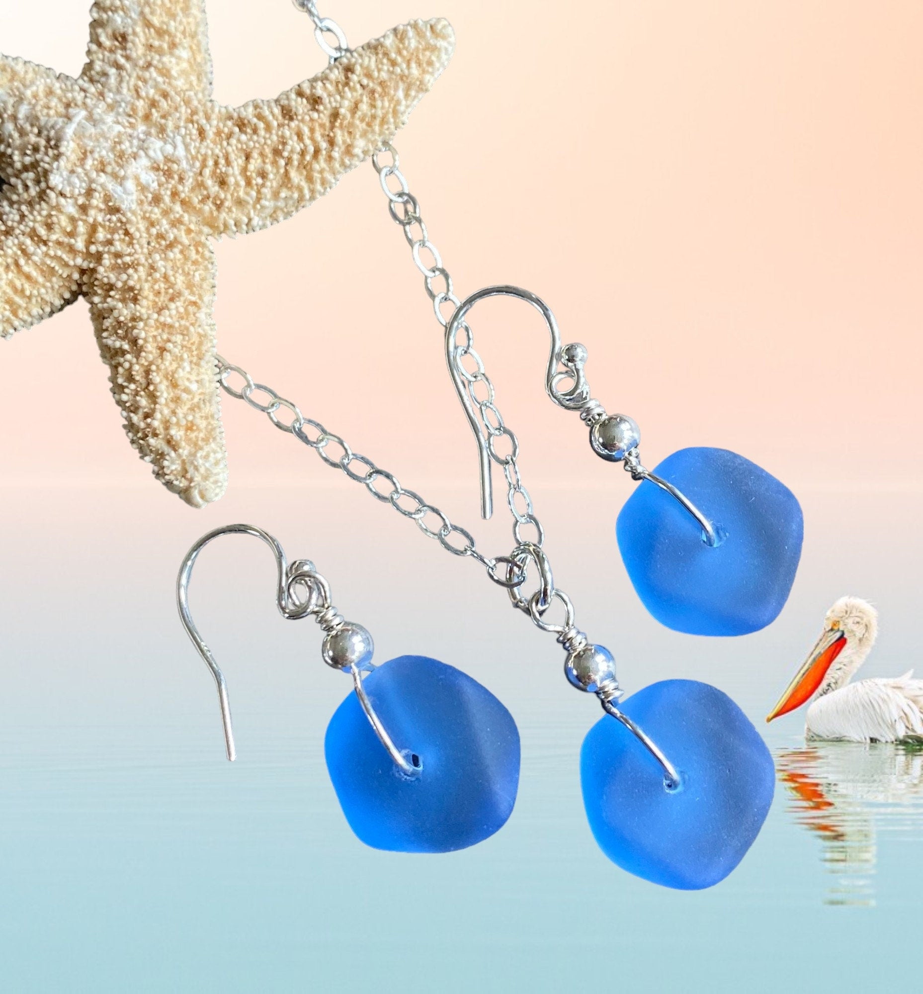 Beach Glass Jewelry, Blue Sea Glass  Necklace and Earrings in Sterling Silver, Blue SeaGlass Necklace, Summer Sea Glass Jewelry SET,