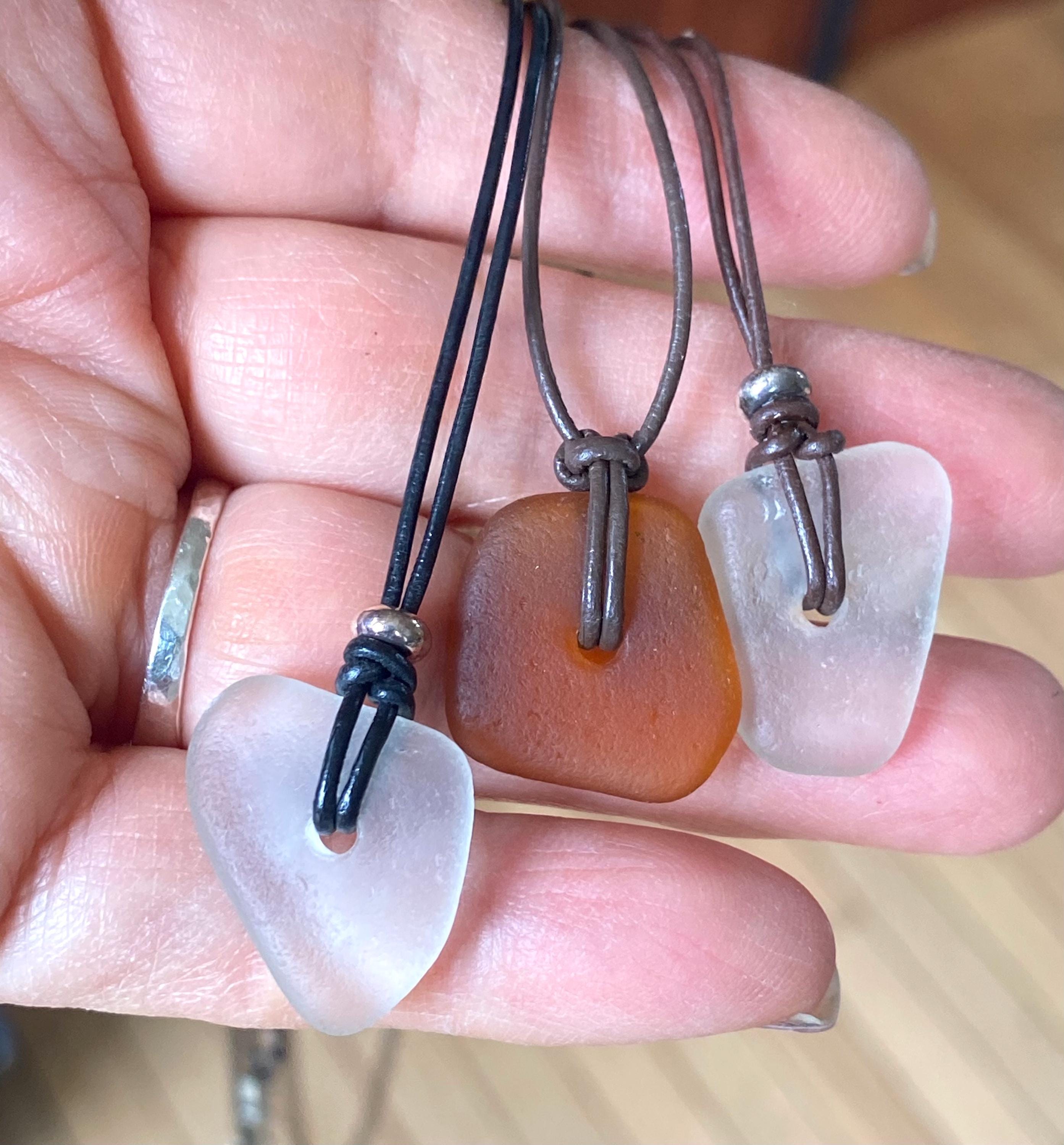 Sea Glass Pendant in Leather & Sterling Silver Beads, Surfer Gifts for Men, Beach Lovers Necklace, Beach Glass Necklace,
