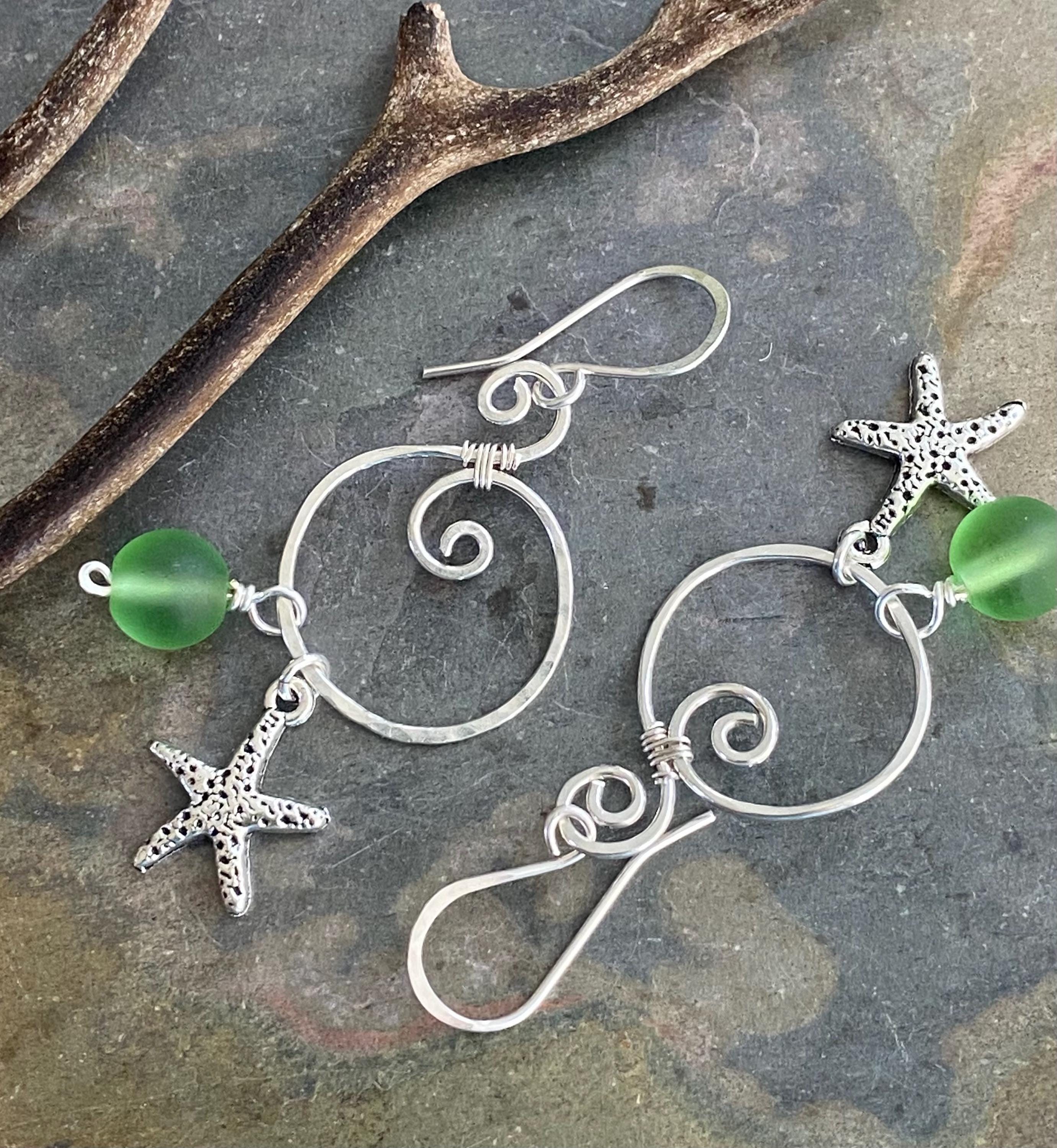 Spiral Sea Glass Earrings with Starfish Silver Charm, Spiral Dangle Earrings, Spiral Green Sea Glass Nautical Earrings, Ocean Theme Earrings