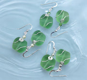 green Sea Glass dangling earrings with sterling silver ,Handmade green sea glass dangle earrings, Green sea glass Beach Wedding jewelry