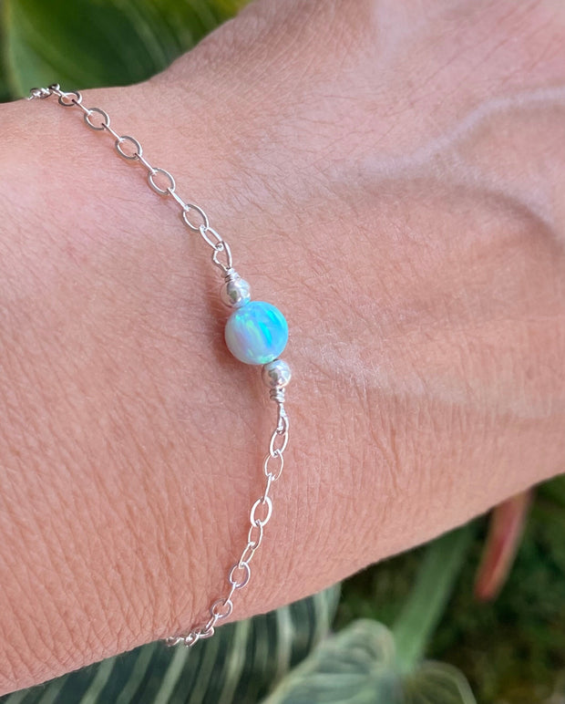 White Opal Bracelet, Minimalist Bracelet, Tiny Opal Bracelet, Blue Opal Bracelet, Opal Bracelet in Sterling Silver, Beaded Opal Bracelet