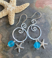 Handmade Sea Glass Starfish Silver Charm Dangling Earrings, Spiral Design Sea Glass Nautical Design Earrings, Coastal Ocean Theme Earrings