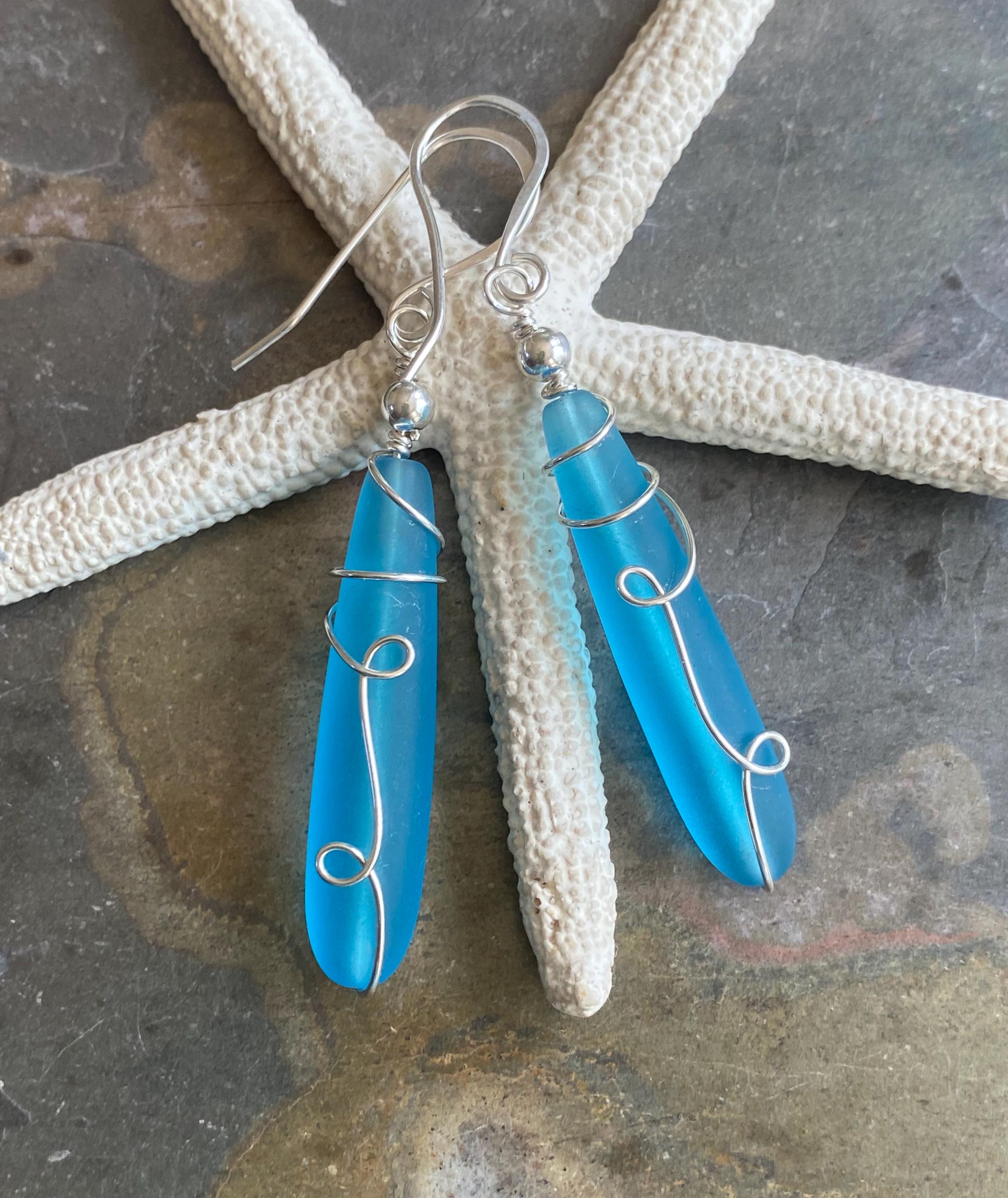 Wire wrapped Long Sea Glass Earrings in Sterling Silver, Pacific Blue Sea Glass Silver Earrings,Beach Weddings,Sea Glass Jewelry,Beach Glass
